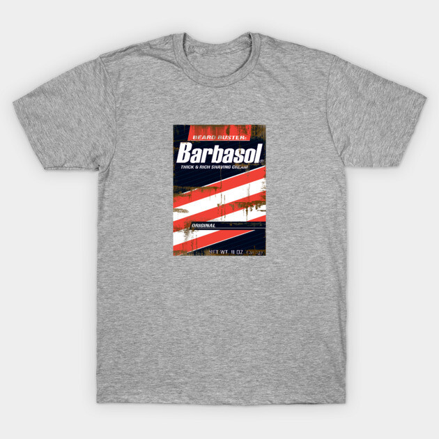 Gray T-shirt featuring vintage-style Barbasol shaving cream graphic, casual wear, soft cotton material.
