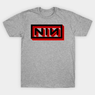 Gray cotton T-shirt with bold red and black geometric graphic design, casual wear.