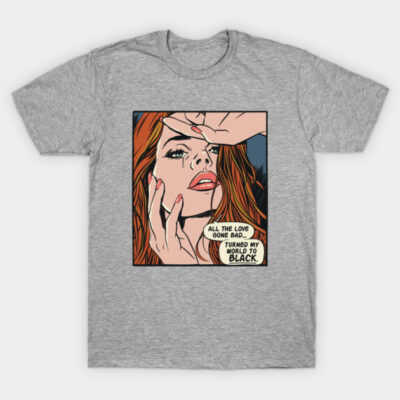 Gray t-shirt with pop art print, featuring crying woman design, casual style, cotton material, suitable for daily wear.