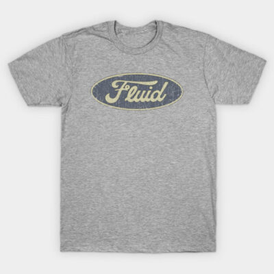 Gray cotton t-shirt with vintage "Fluid" logo, casual wear, unisex style, perfect for everyday comfort.
