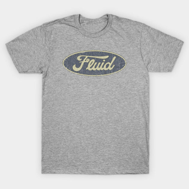 Gray cotton t-shirt with vintage "Fluid" logo, casual wear, unisex style, perfect for everyday comfort.