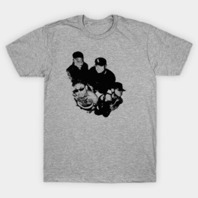 Gray cotton T-shirt featuring a black and white graphic print, casual style, perfect for everyday wear.