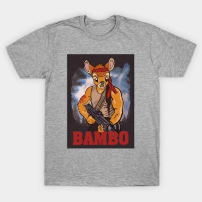 Gray graphic t-shirt featuring cartoon deer with red headband and rifle, text "Bambo," casual cotton apparel.