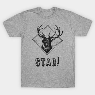 Gray t-shirt with black stag graphic and text "STAG!" printed on front, casual style, cotton material.