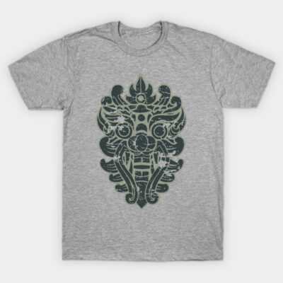 Gray t-shirt with tribal mask graphic, short sleeves, casual wear, cotton blend, ideal for everyday style.