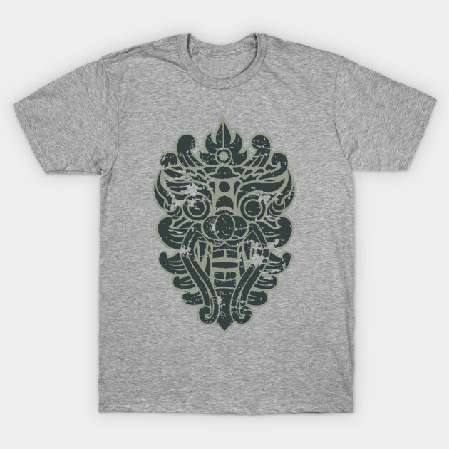 Gray t-shirt with tribal mask graphic, short sleeves, casual wear, cotton blend, ideal for everyday style.