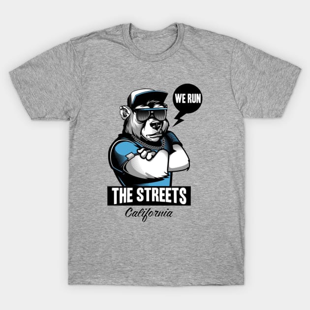 Gray graphic t-shirt with "We Run The Streets California" text and bear design, casual streetwear style.