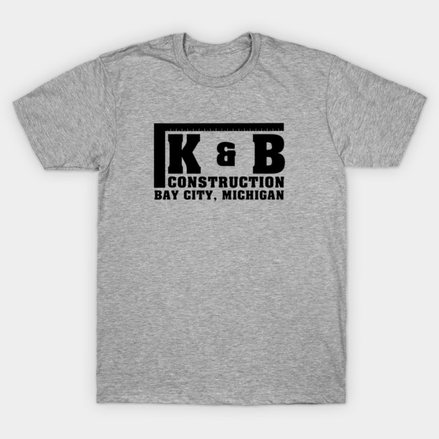 Gray K & B Construction T-shirt with black text, Bay City Michigan design, cotton blend, casual wear.