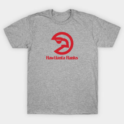 Gray cotton t-shirt with red logo and text "Hawtlanta Hanks" on front, casual wear for sports fans.