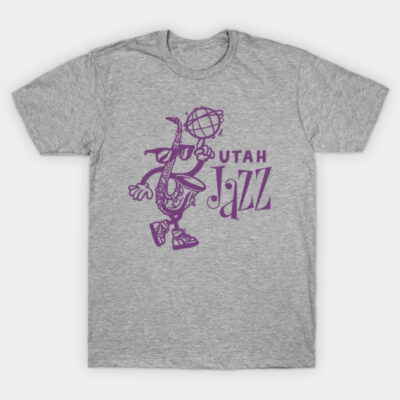 Gray t-shirt with purple Utah Jazz graphic, casual style, perfect for sports fans, made of soft cotton material.