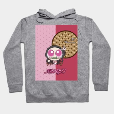 Gray hoodie with cute anime character design, featuring pink and gold geometric background, perfect for casual wear.