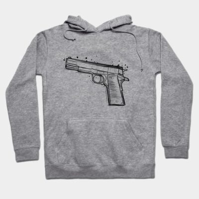 Gray hoodie with black gun illustration, casual style, soft fabric, unisex design, ideal for everyday wear.
