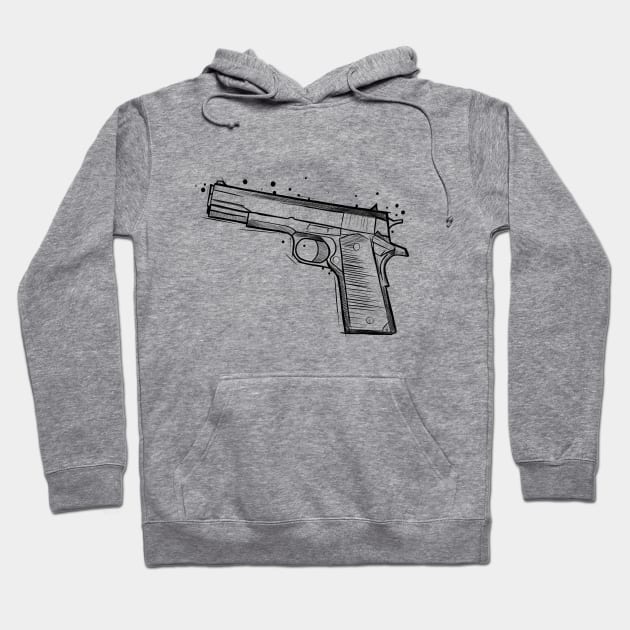 Gray hoodie with black gun illustration, casual style, soft fabric, unisex design, ideal for everyday wear.