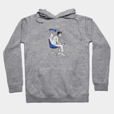 Gray hoodie with a gamer-themed graphic, featuring a seated figure and arrow design. Casual wear, cotton blend material.