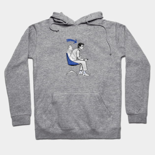 Gray hoodie with a gamer-themed graphic, featuring a seated figure and arrow design. Casual wear, cotton blend material.