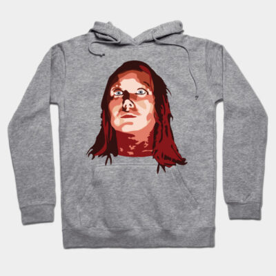 Gray hoodie with a graphic print, featuring a stylized face design. Casual wear, soft cotton blend, unisex style.