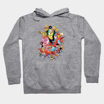 Gray hoodie with colorful superhero graphic design, featuring front pocket and drawstrings, ideal for casual wear.
