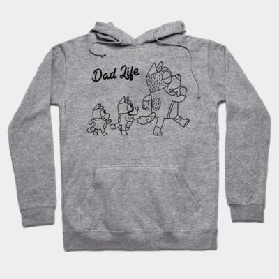 Gray hoodie with "Dad Life" text and playful cartoon print, perfect for casual wear. Soft cotton material.