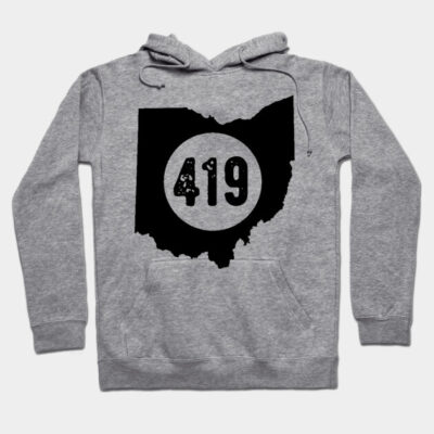 Gray hoodie with black Ohio map and "419" design, featuring a front pocket and drawstrings, ideal for casual wear.