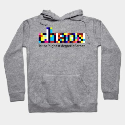 Gray hoodie with colorful geometric design and "chaos is the highest degree of order" text, casual style, cotton blend.