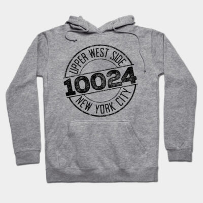 Gray hoodie with "Upper West Side 10024 New York City" print, casual style, cotton material, front pocket.
