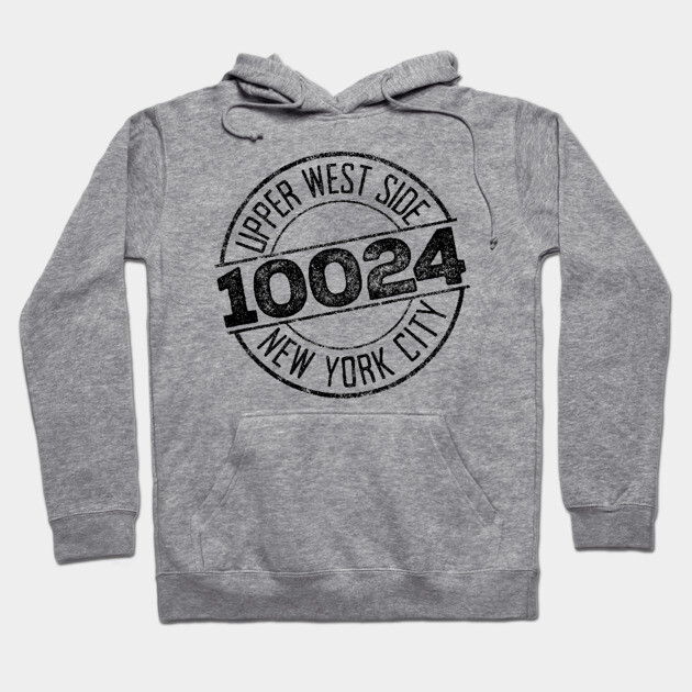 Gray hoodie with "Upper West Side 10024 New York City" print, casual style, cotton material, front pocket.