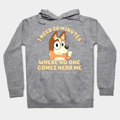 Gray hoodie with cute cartoon character and "I need 20 minutes where no one comes near me" text, cozy casual wear.