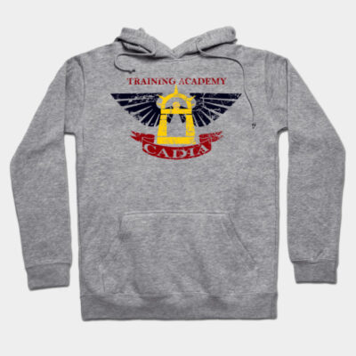 Gray hoodie with "Training Academy Cadia" emblem, casual style, comfortable cotton blend, ideal for everyday wear.