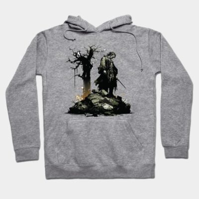 Gray hoodie featuring a mysterious figure and tree graphic, cotton blend, casual style, perfect for everyday wear.