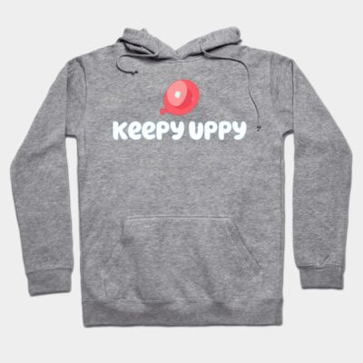 Gray hoodie with "Keepy Uppy" text and red balloon graphic, casual style, cotton blend, front pocket, drawstring hood.
