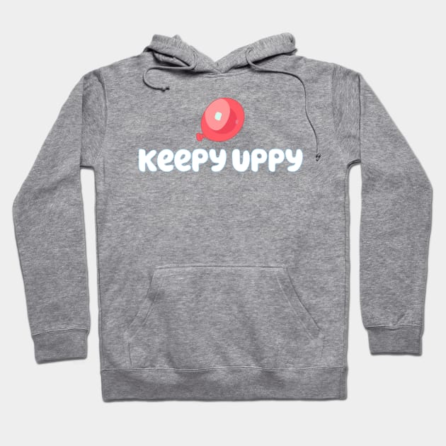 Gray hoodie with "Keepy Uppy" text and red balloon graphic, casual style, cotton blend, front pocket, drawstring hood.