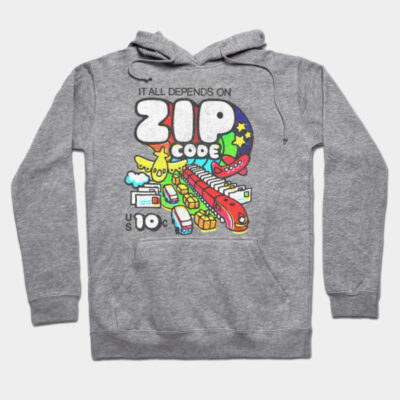 Gray hoodie with colorful "Zip Code" graphic design, featuring playful illustrations. Casual and comfortable style.