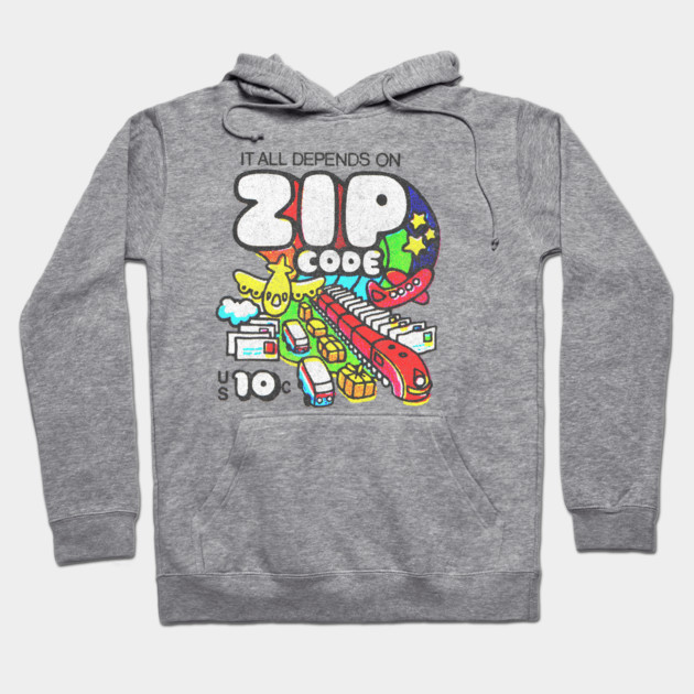 Gray hoodie with colorful "Zip Code" graphic design, featuring playful illustrations. Casual and comfortable style.