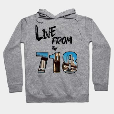 Gray hoodie with "Live From The 718" graphic, urban theme, casual streetwear, comfortable cotton blend material.