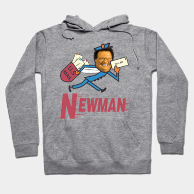 Gray hoodie with cartoon mailman graphic and "Newman" text, featuring front pocket and drawstring hood.