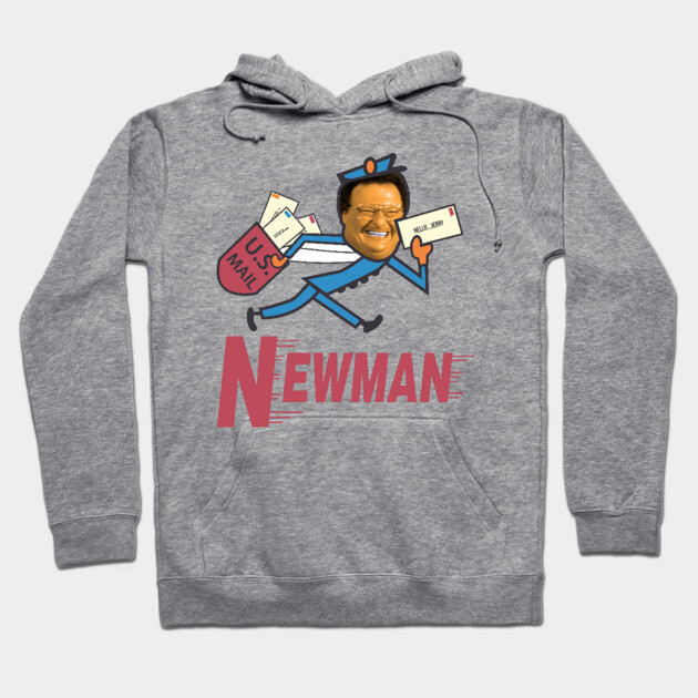 Gray hoodie with cartoon mailman graphic and "Newman" text, featuring front pocket and drawstring hood.