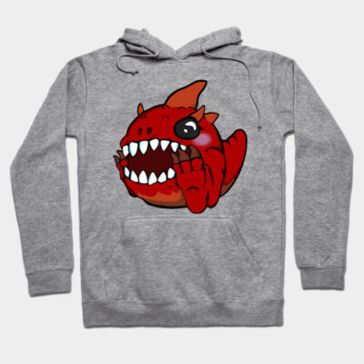 Gray hoodie with cute red cartoon creature design, cozy cotton material, casual style for everyday wear.