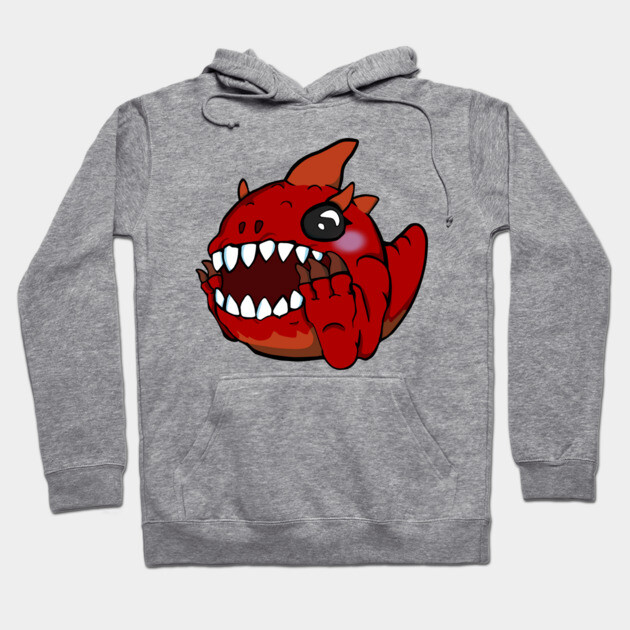 Gray hoodie with cute red cartoon creature design, cozy cotton material, casual style for everyday wear.
