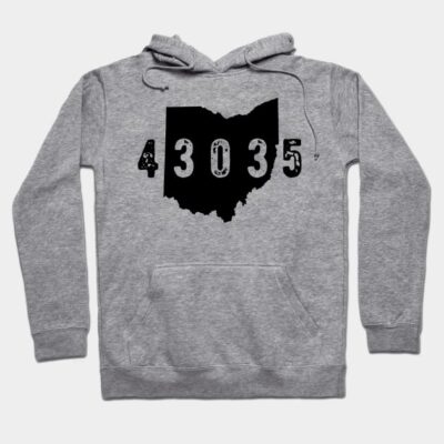 Gray hoodie with Ohio map and "43035" print, casual streetwear, soft cotton blend, unisex design, front pocket.