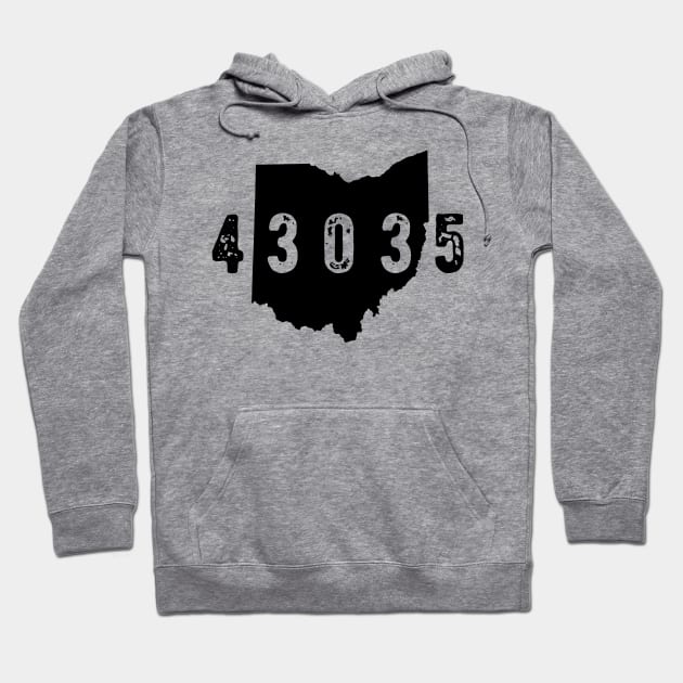 Gray hoodie with Ohio map and "43035" print, casual streetwear, soft cotton blend, unisex design, front pocket.