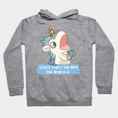 Gray hoodie with cartoon unicorn print and text, casual style, cozy cotton material, perfect for everyday wear.