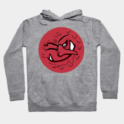 Gray hoodie with bold red graphic design, front pocket, and adjustable drawstring hood, perfect for casual wear.