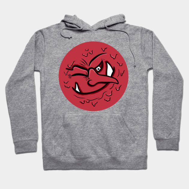 Gray hoodie with bold red graphic design, front pocket, and adjustable drawstring hood, perfect for casual wear.