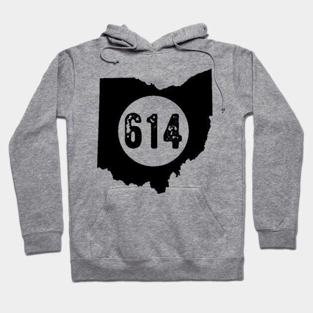 Gray hoodie with Ohio map and 614 print, casual style, soft cotton blend, ideal for everyday wear and comfort.