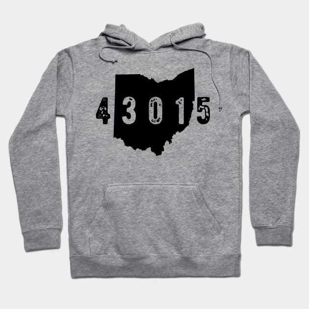 Gray hoodie with black Ohio map and 43015 print, casual style, cotton blend, suitable for everyday wear.