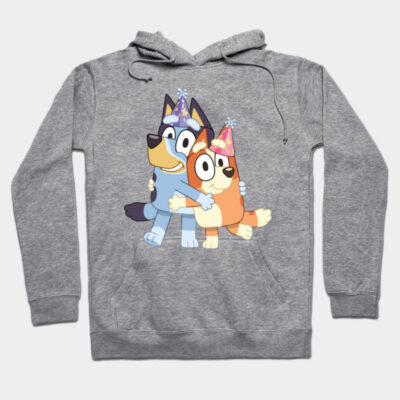 Gray hoodie with playful cartoon dogs in party hats, cozy casual wear, cotton blend, perfect for cool weather.