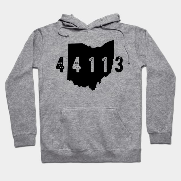 Gray hoodie with Ohio map graphic and "44113" text, featuring a front pocket and drawstring hood, casual style.