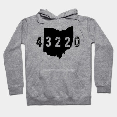 Gray Ohio-themed hoodie with "43220" print, cozy cotton material, ideal for casual wear and comfort.