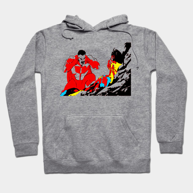 Gray hoodie with colorful graphic design, featuring a bold comic-style print. Comfortable cotton blend material.