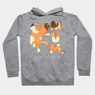 Gray hoodie with playful orange cartoon design and "MUM" text, cozy casual wear for everyday comfort.